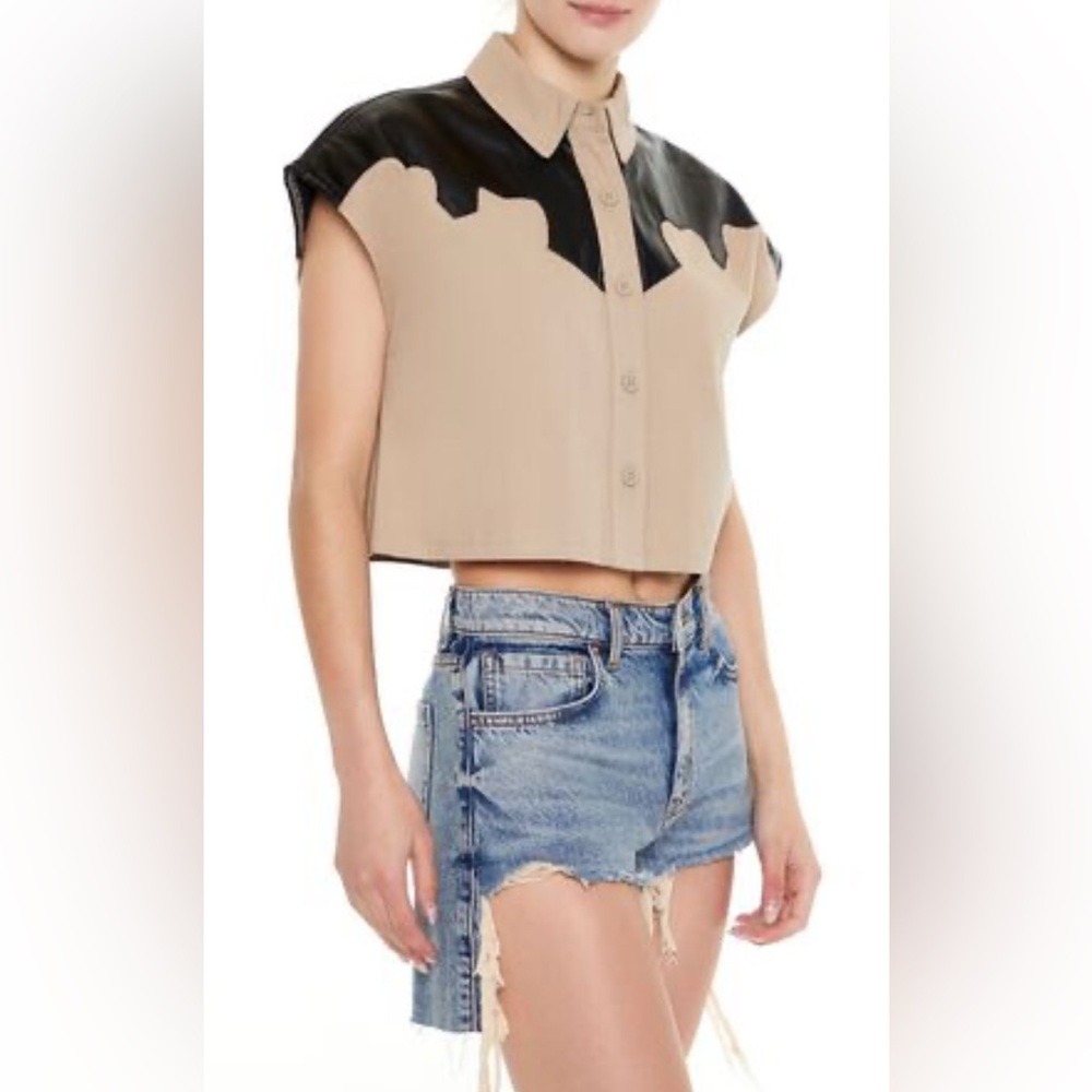 Western Vegan Leather Shoulder Bolero Button Up Cropped Top Womens‎ Size XL NWT